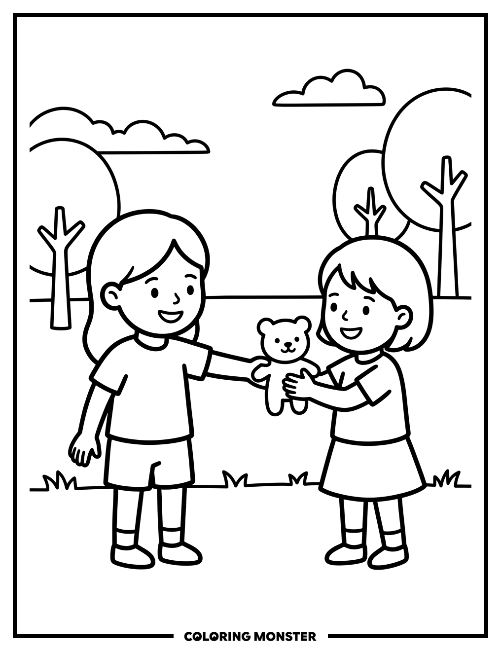 Child Shares Toy in Sunny Park Coloring Page