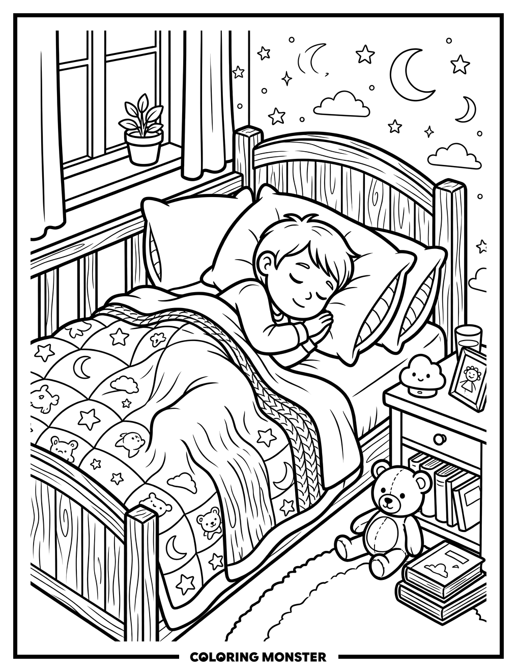 Child Sleeping in Cozy Bed Coloring Page