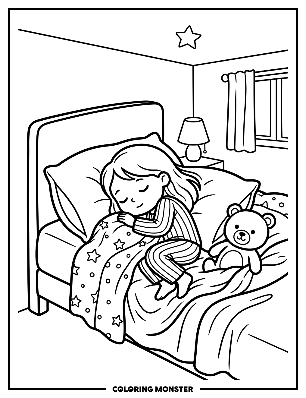 Child Sleeping Peacefully in Bed Coloring Page