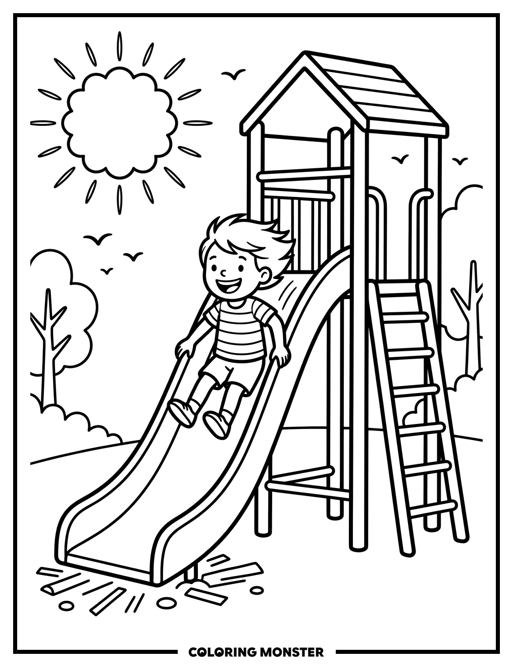 Child Sliding Down Playground Slide Coloring Page