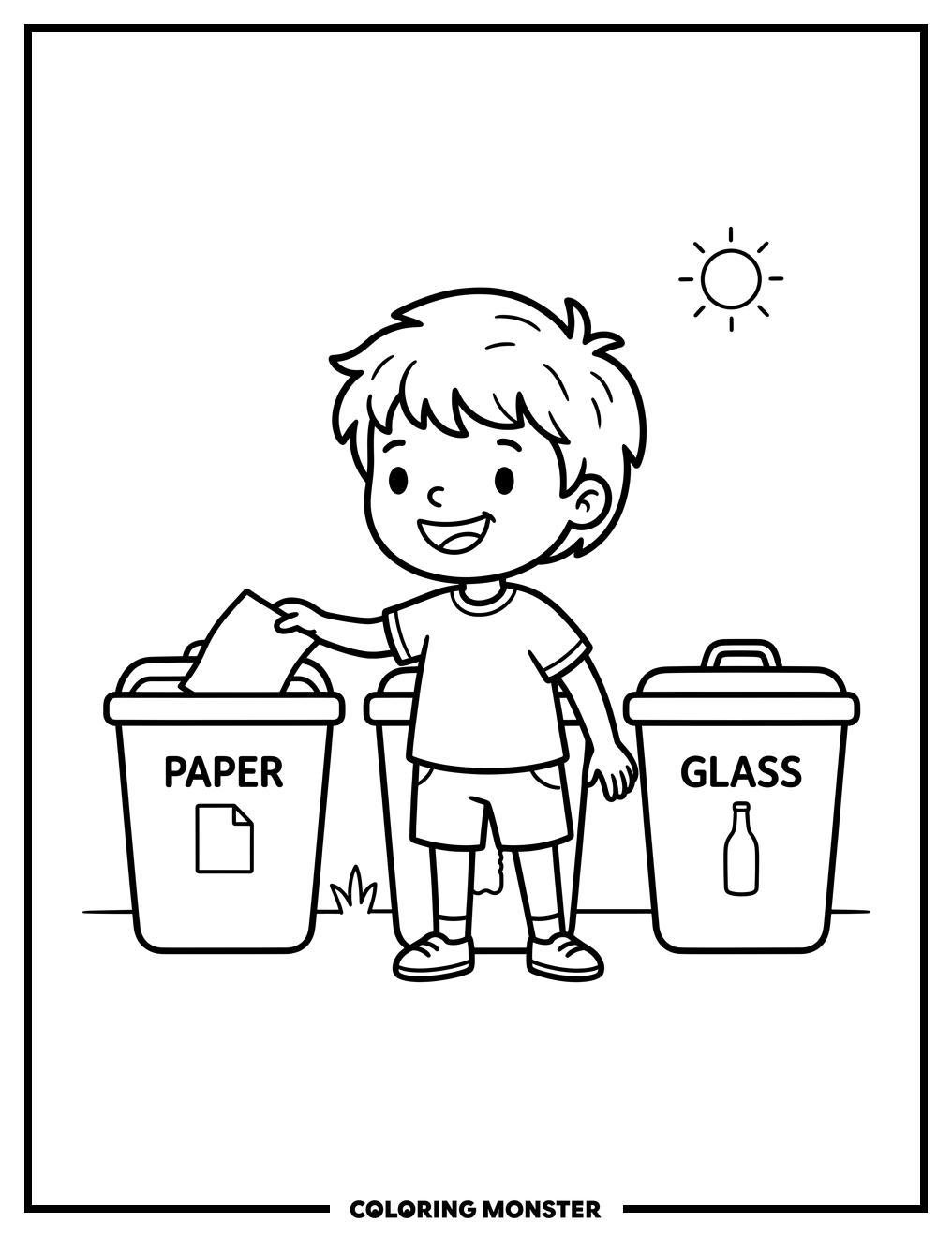 Child Sorting Recycling Bins Coloring Page