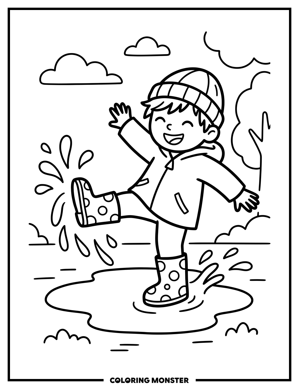 Child Splashing in Puddle Coloring Page