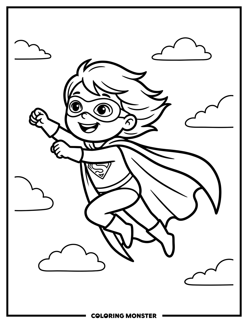 Child Superhero Flying High Coloring Page