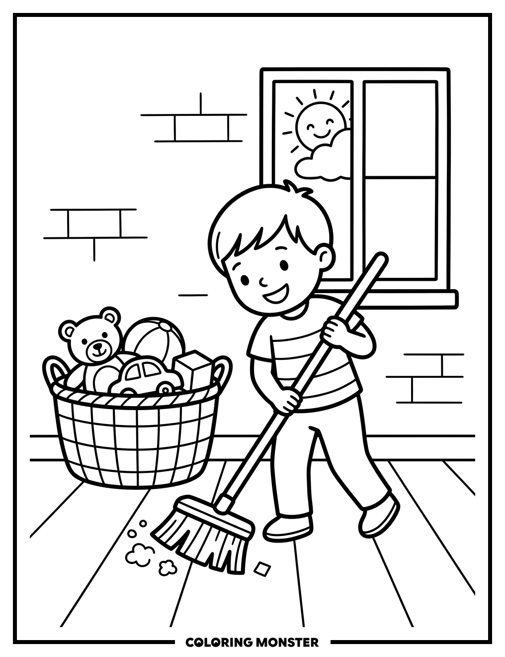 Child Sweeping Floor with Toys Coloring Page