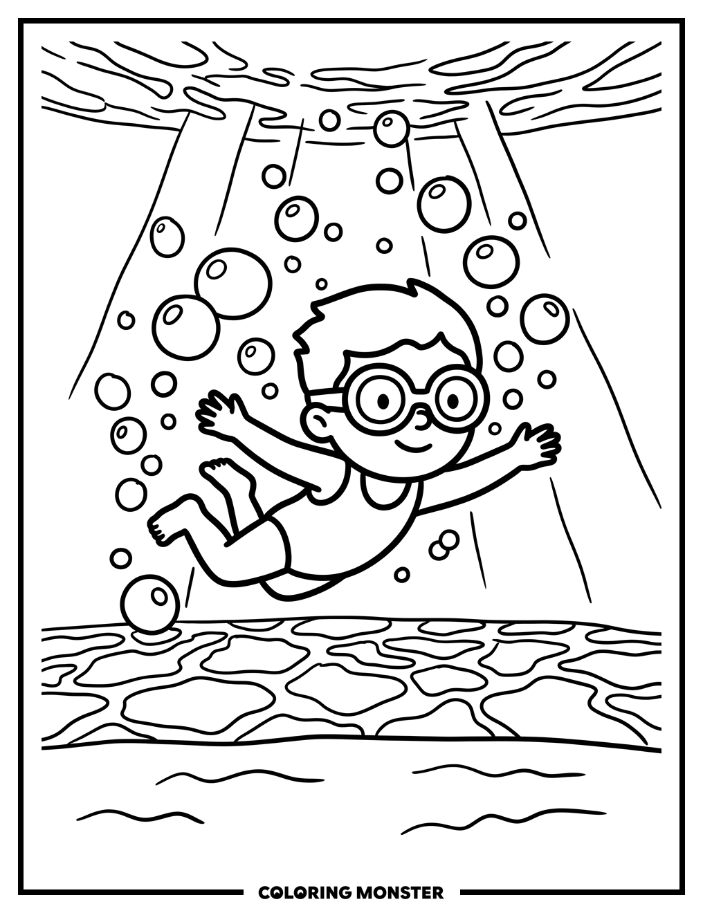 Child Swimming Underwater Coloring Page