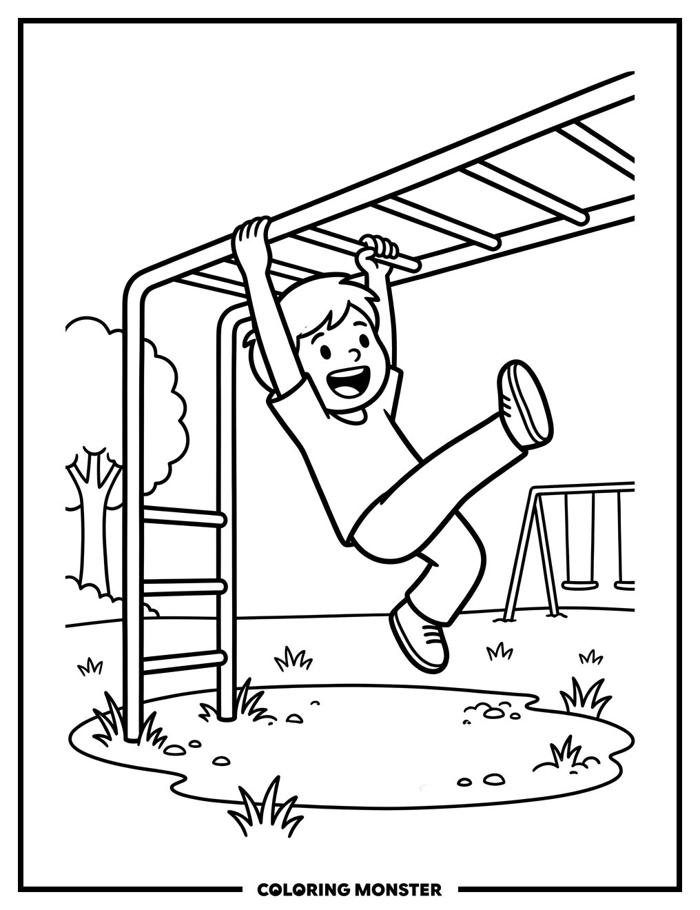 Child Swinging on Monkey Bars Coloring Page