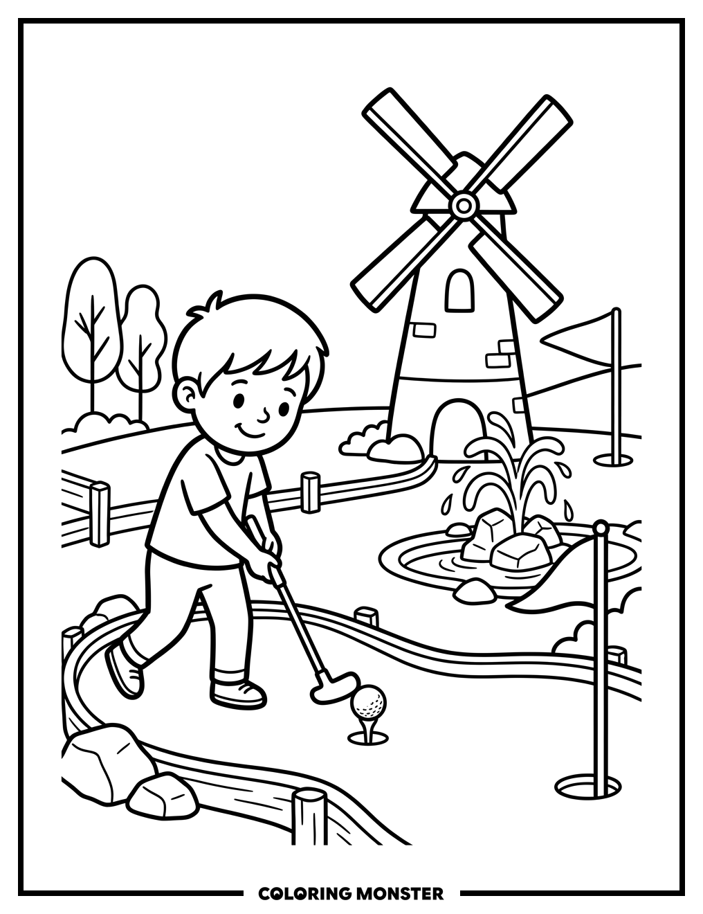 Child Swinging Putter at Mini Golf Coloring Page