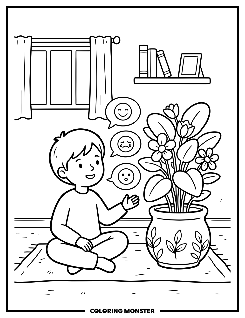 Child Talking To A Potted Plant Coloring Page