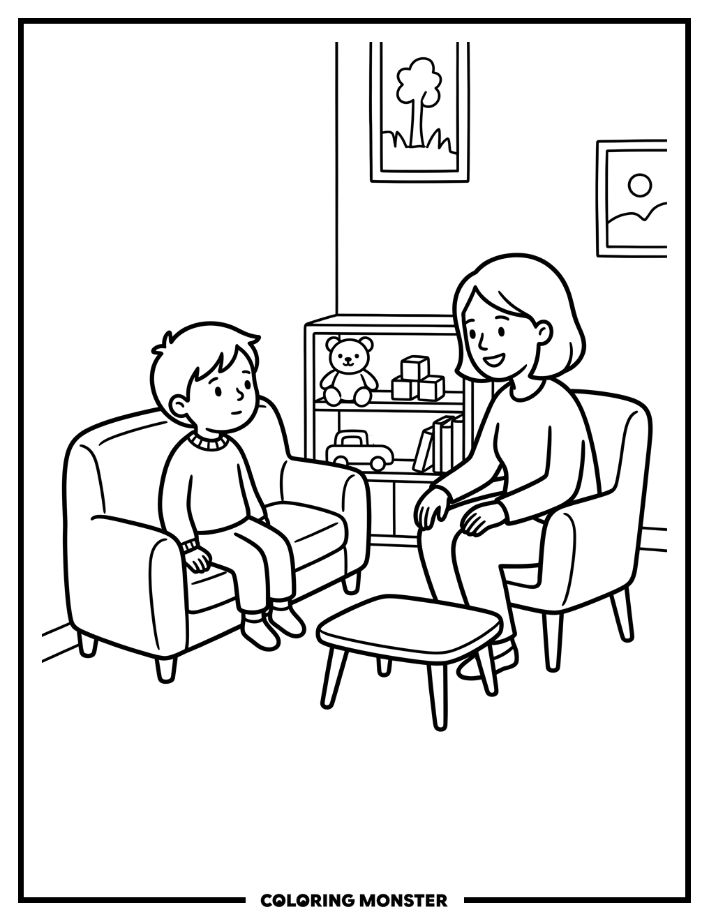 Child Talking With Therapist Coloring Page