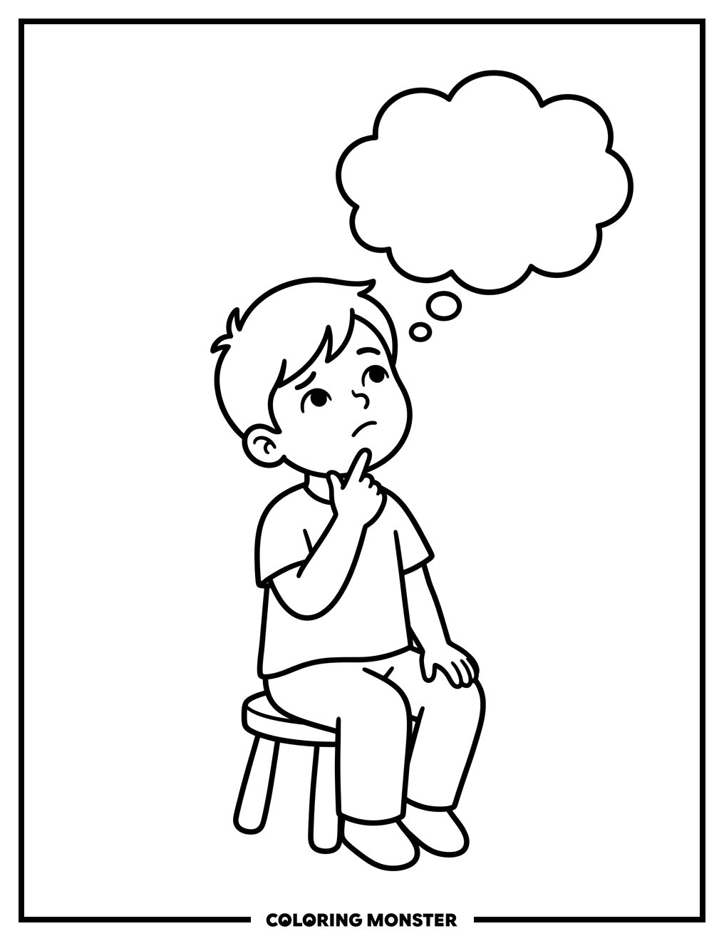 Child Thinking in Empty Thought Bubble Coloring Page