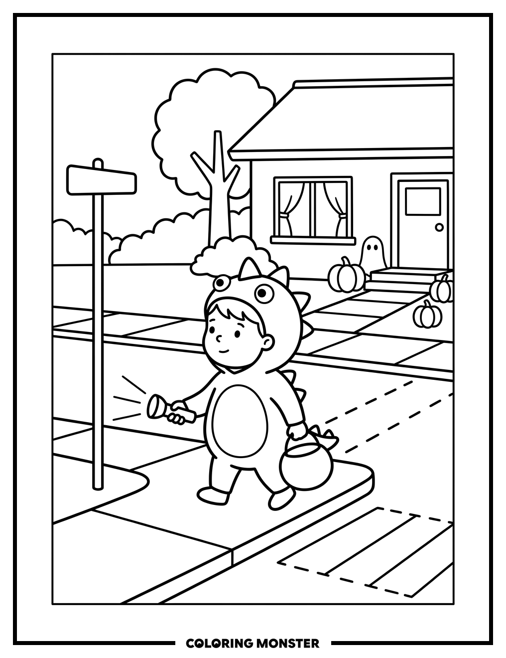 Child Trick-or-Treating with Candy Bag Coloring Page