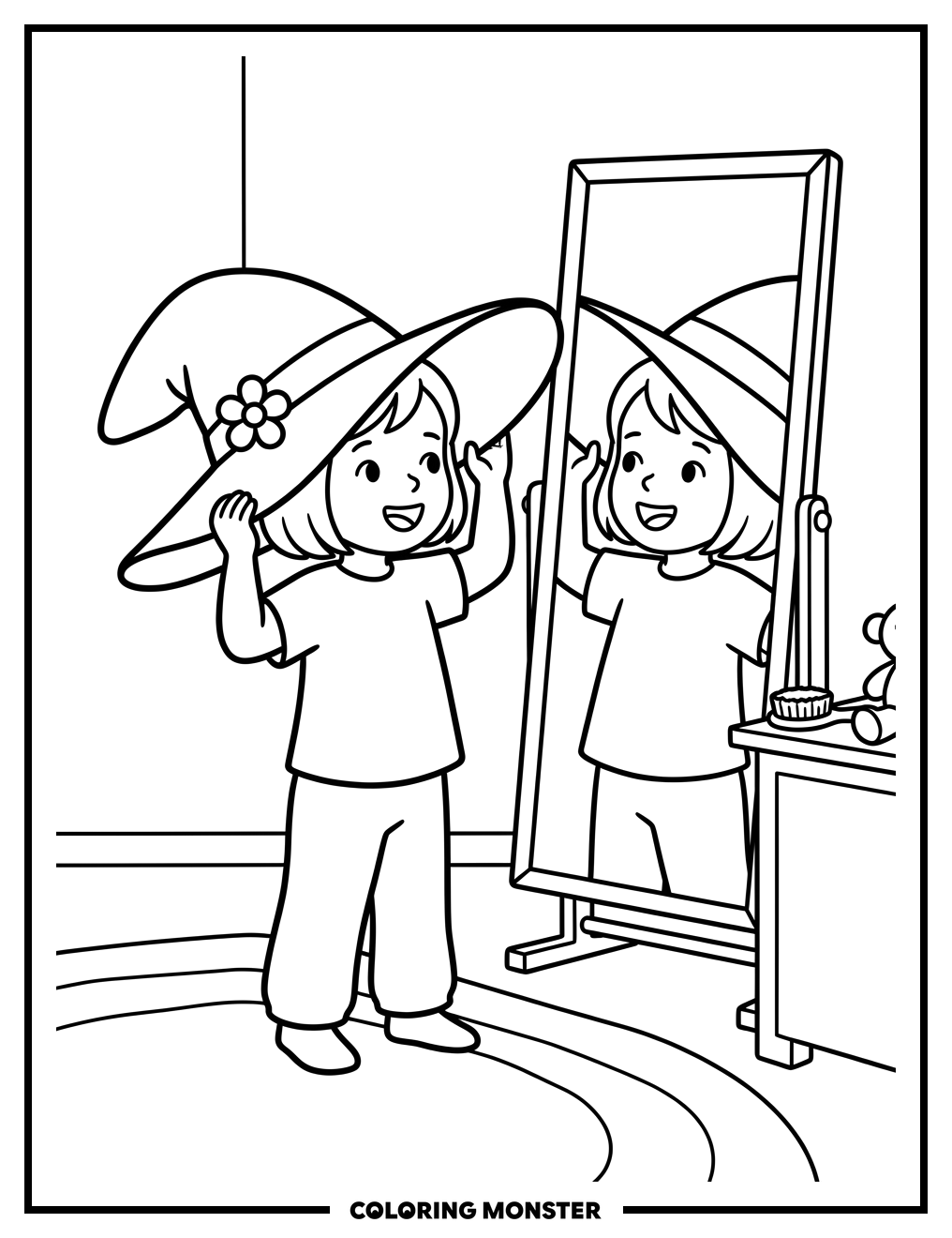 Child Tries On Big Hat Coloring Page