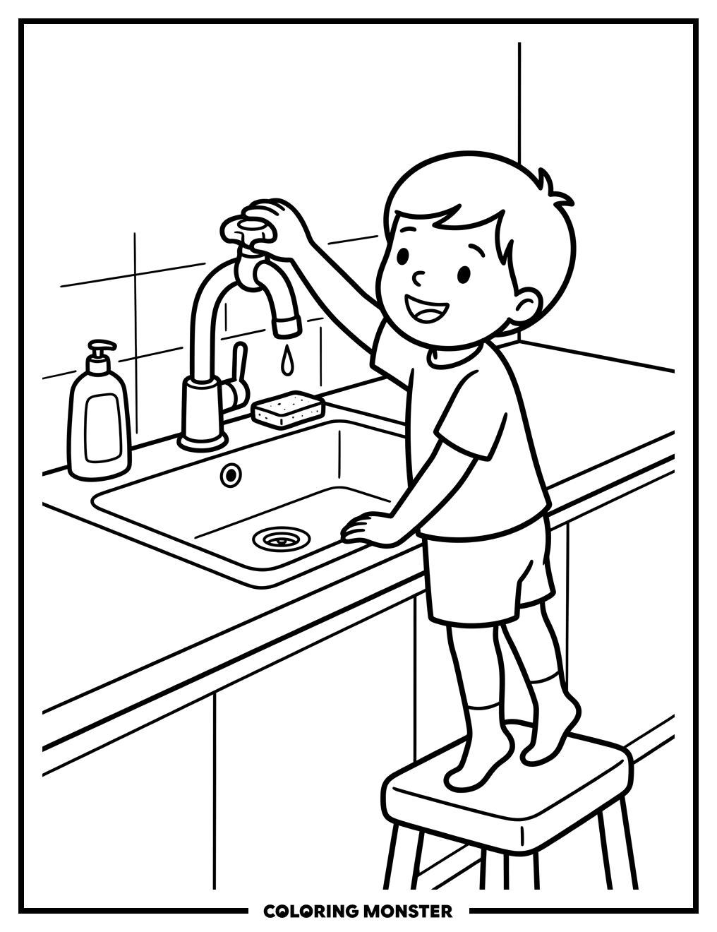 Child Turns Off Kitchen Faucet Coloring Page