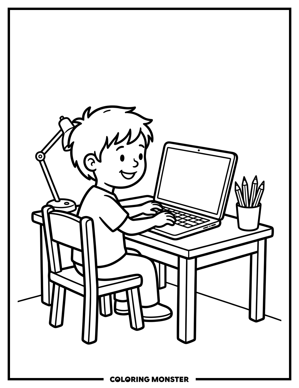 Child Typing on Laptop at Desk Coloring Page