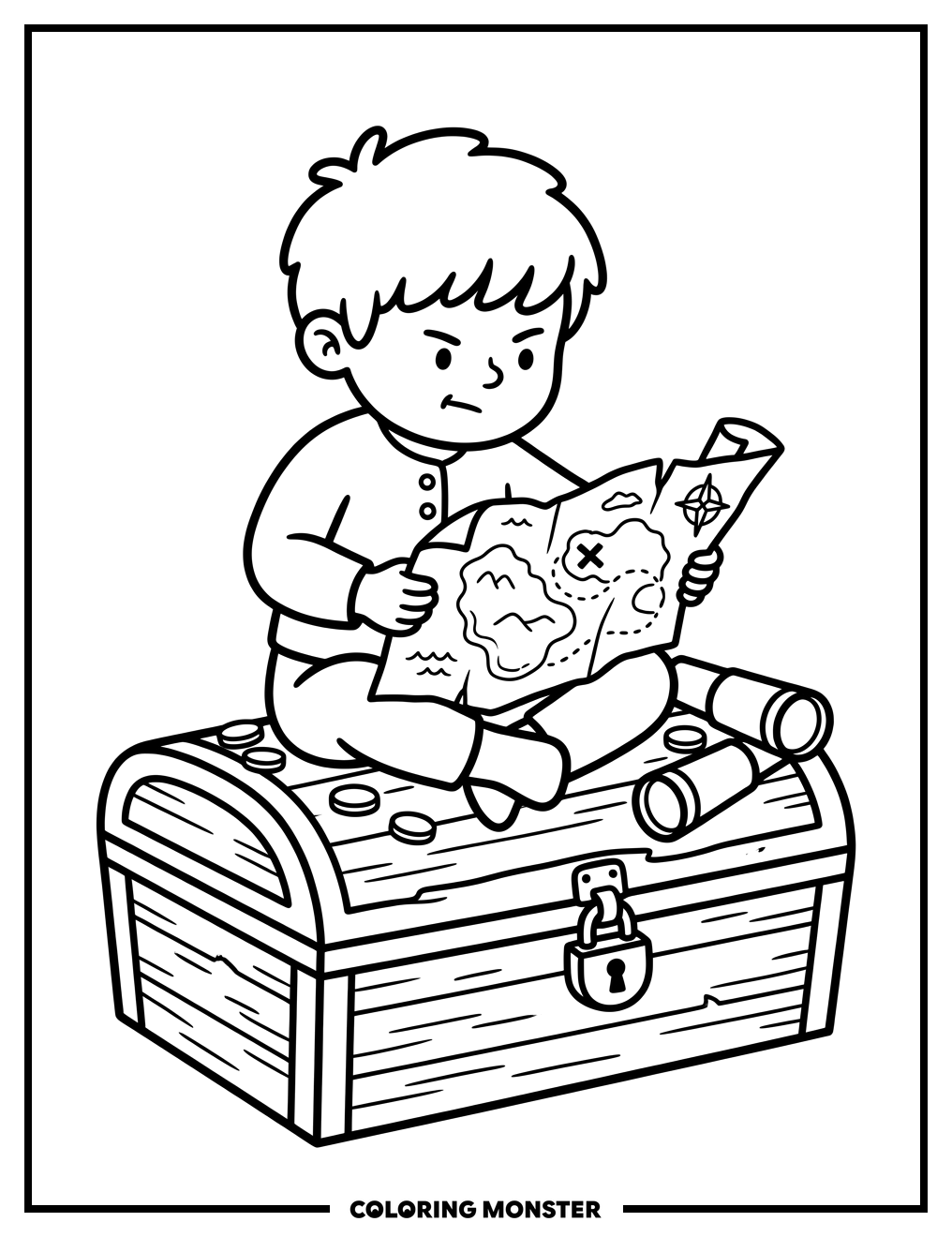 Child Unfolding Treasure Map Coloring Page