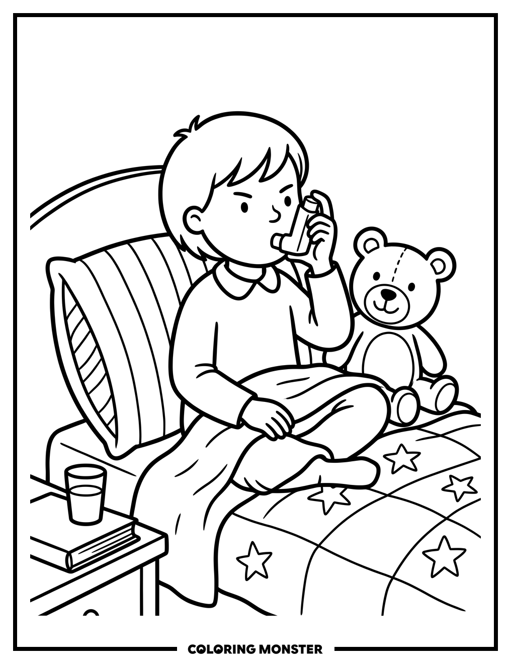 Child Using Inhaler With Stuffed Animal Coloring Page