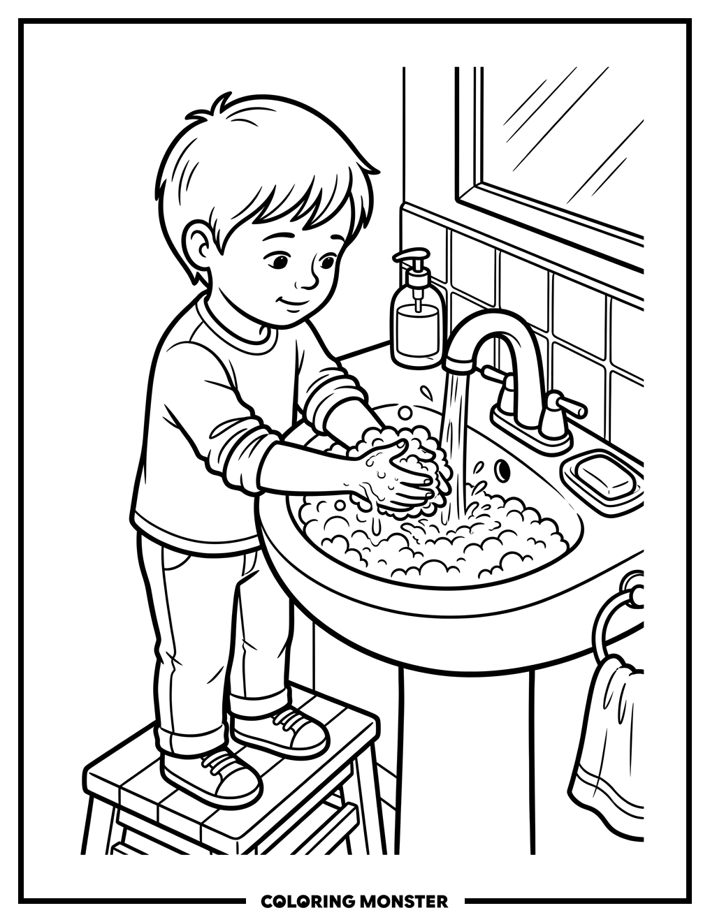 Child Washing Hands At Sink Coloring Page