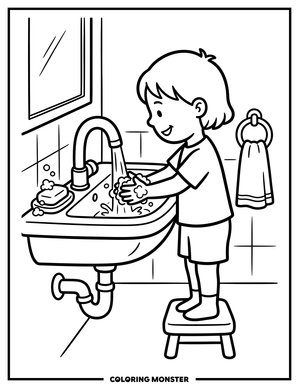 Child Washing Hands At Sink Coloring Page