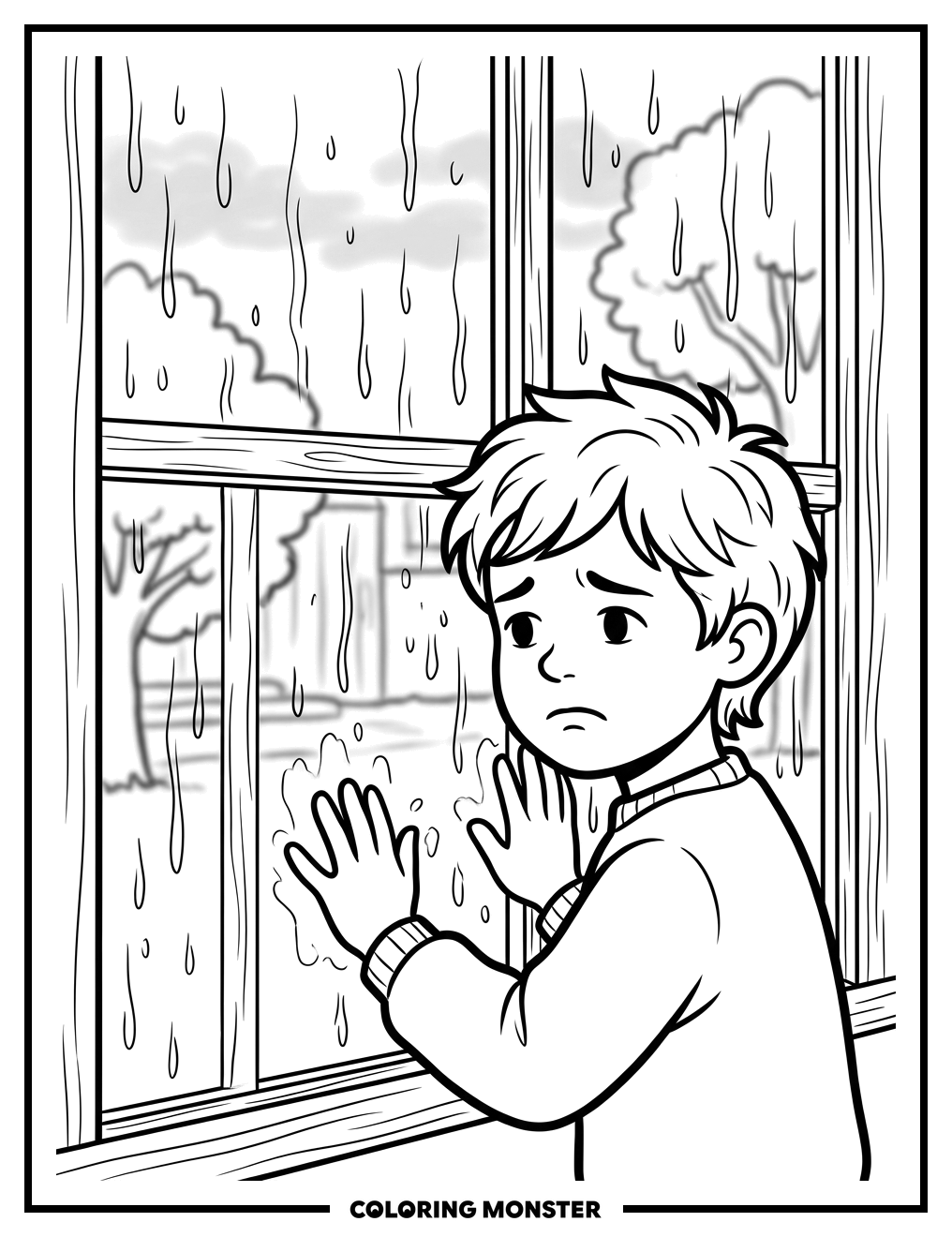 Child Watches Raindrops on Window Coloring Page