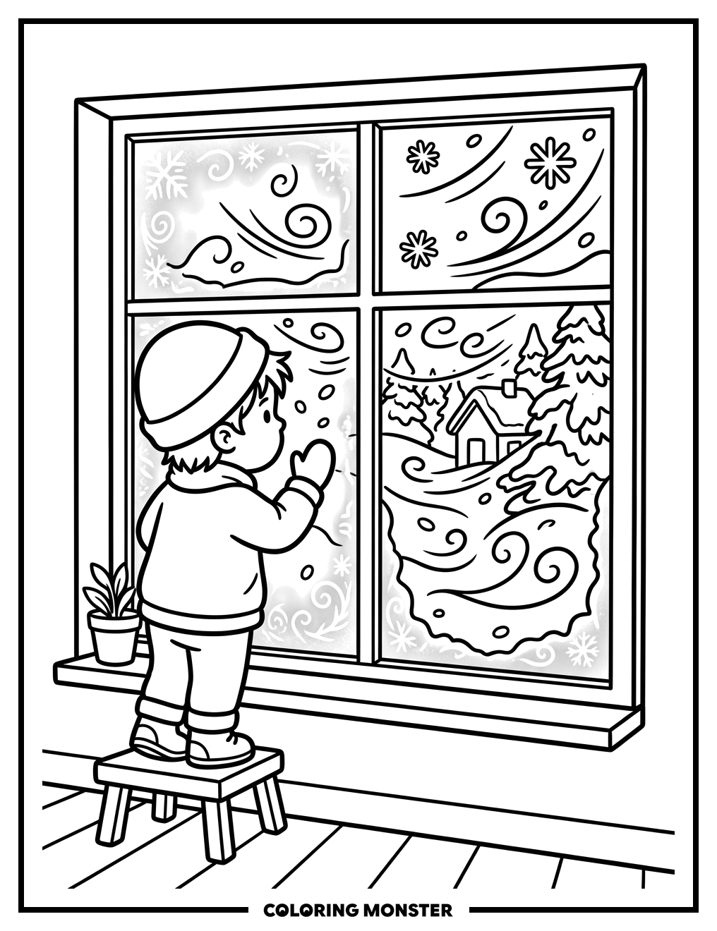 Child Watching a Blizzard Coloring Page