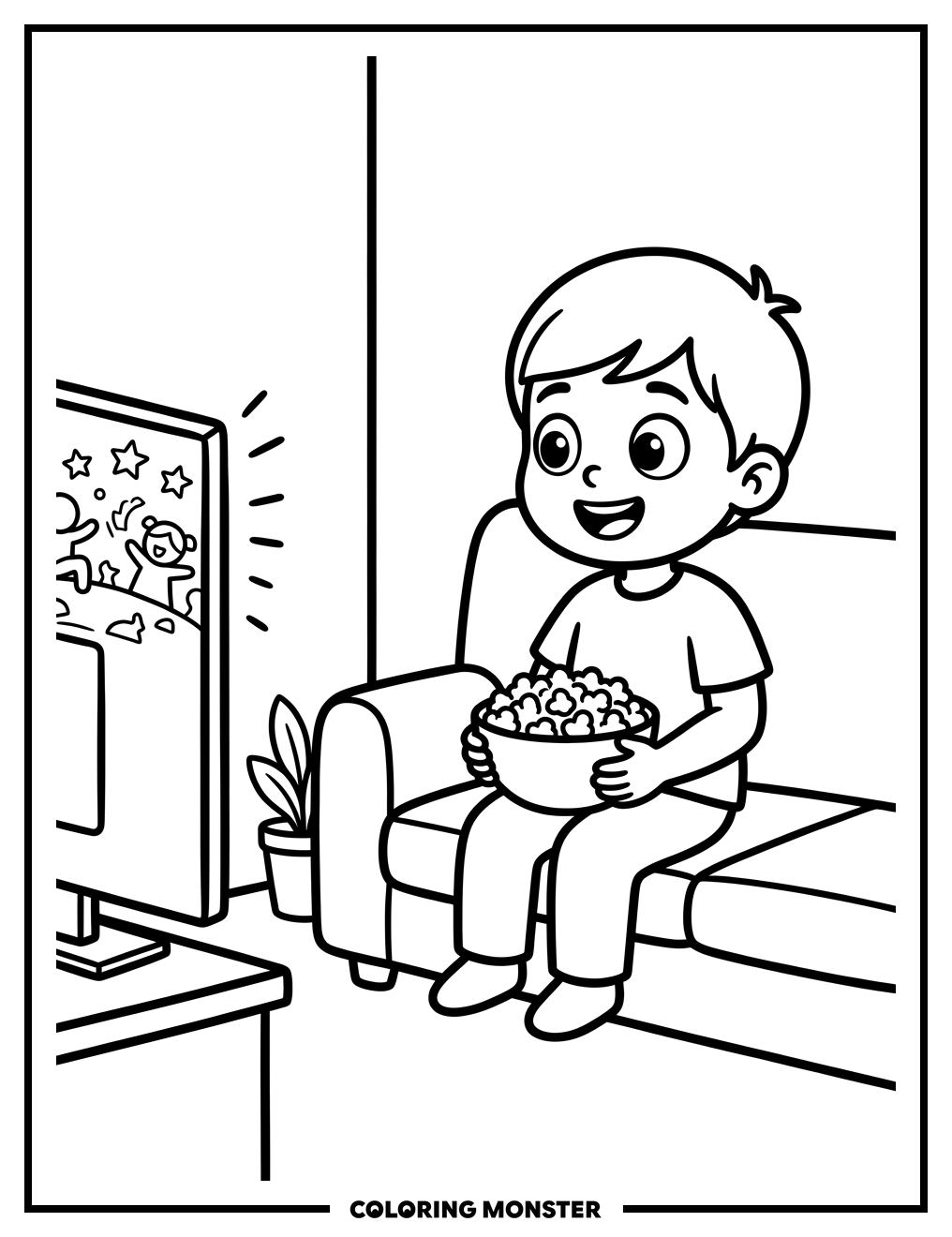 Child Watching a Movie on Couch Coloring Page