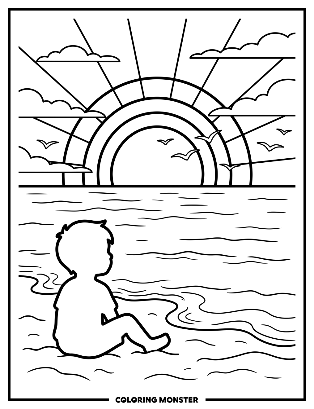Child Watching Beach Sunset Silhouette Coloring Page