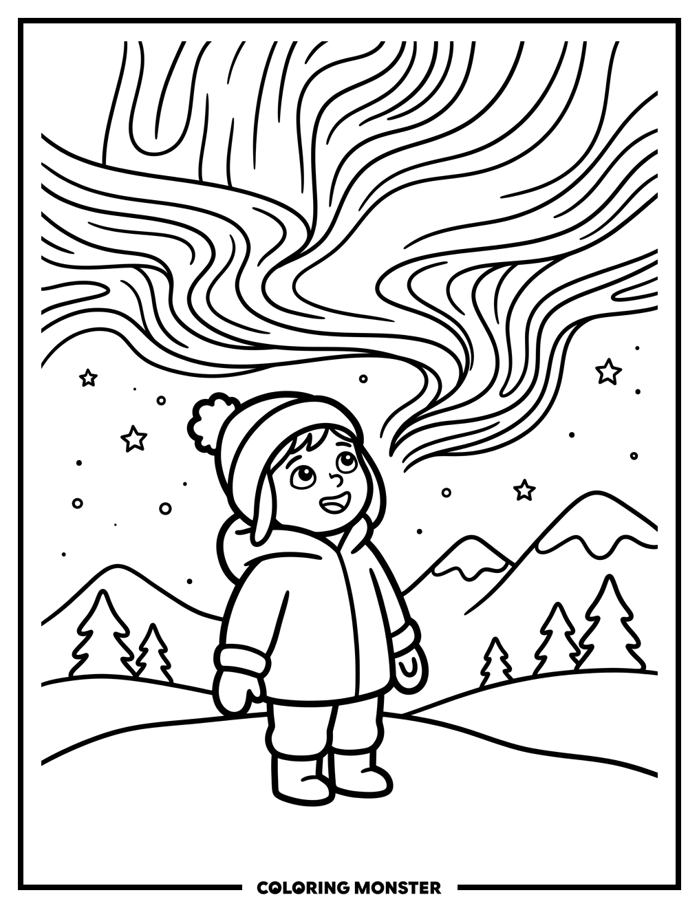 Child Watching Northern Lights Coloring Page