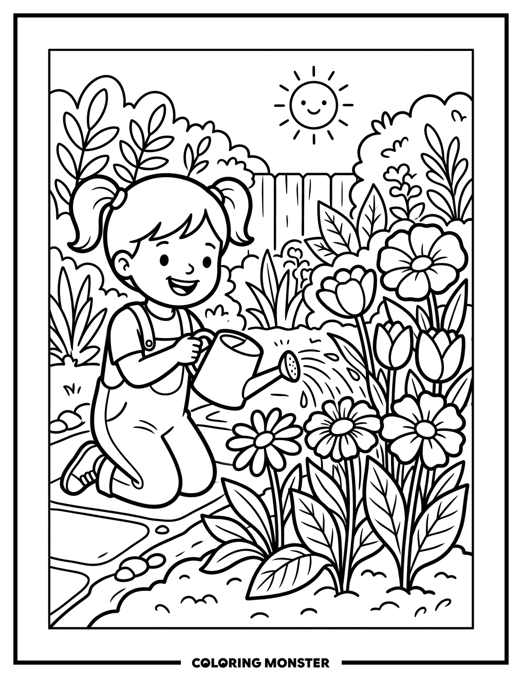 Child Watering Flowers Coloring Page