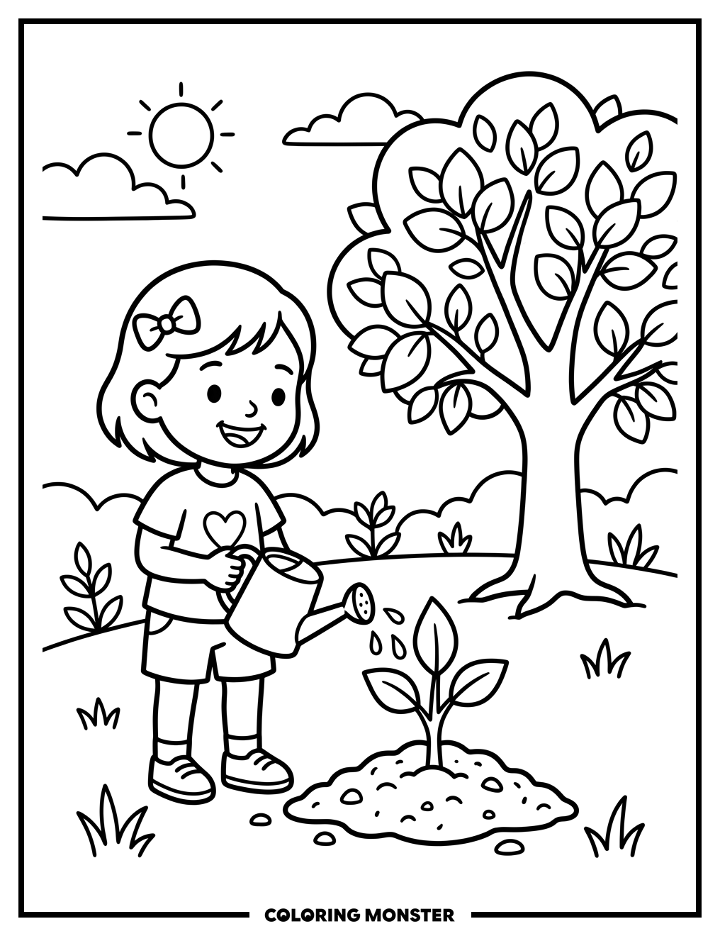 Child Waters a Young Tree Coloring Page