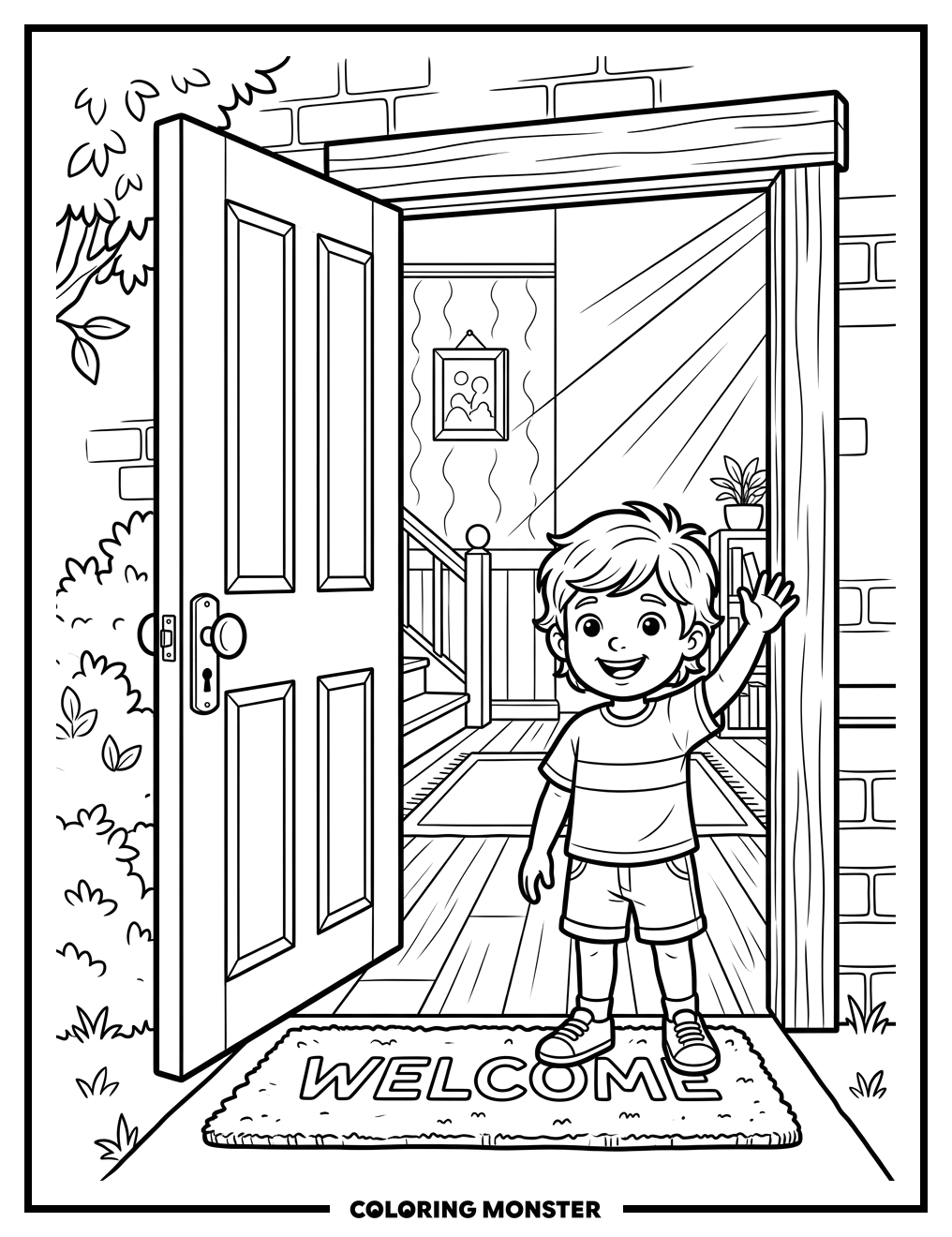 Child Waves From A Sunny Doorway Coloring Page