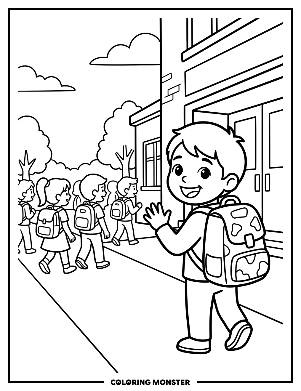 Child Waves Goodbye At School Coloring Page