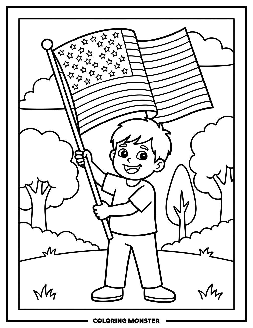 Child Waving American Flag Coloring Page