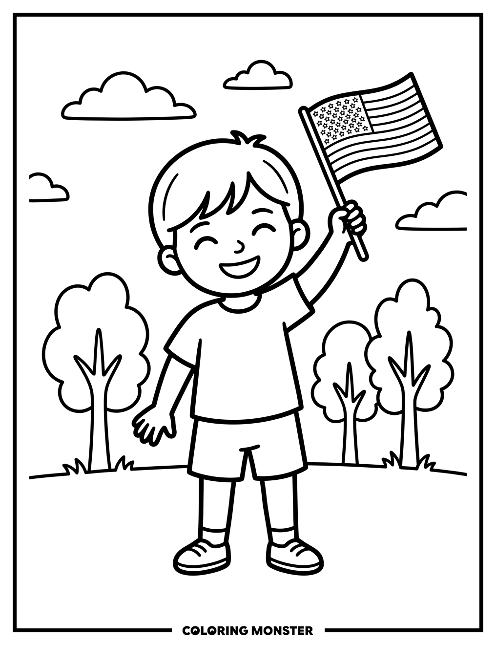 Child Waving American Flag Coloring Page