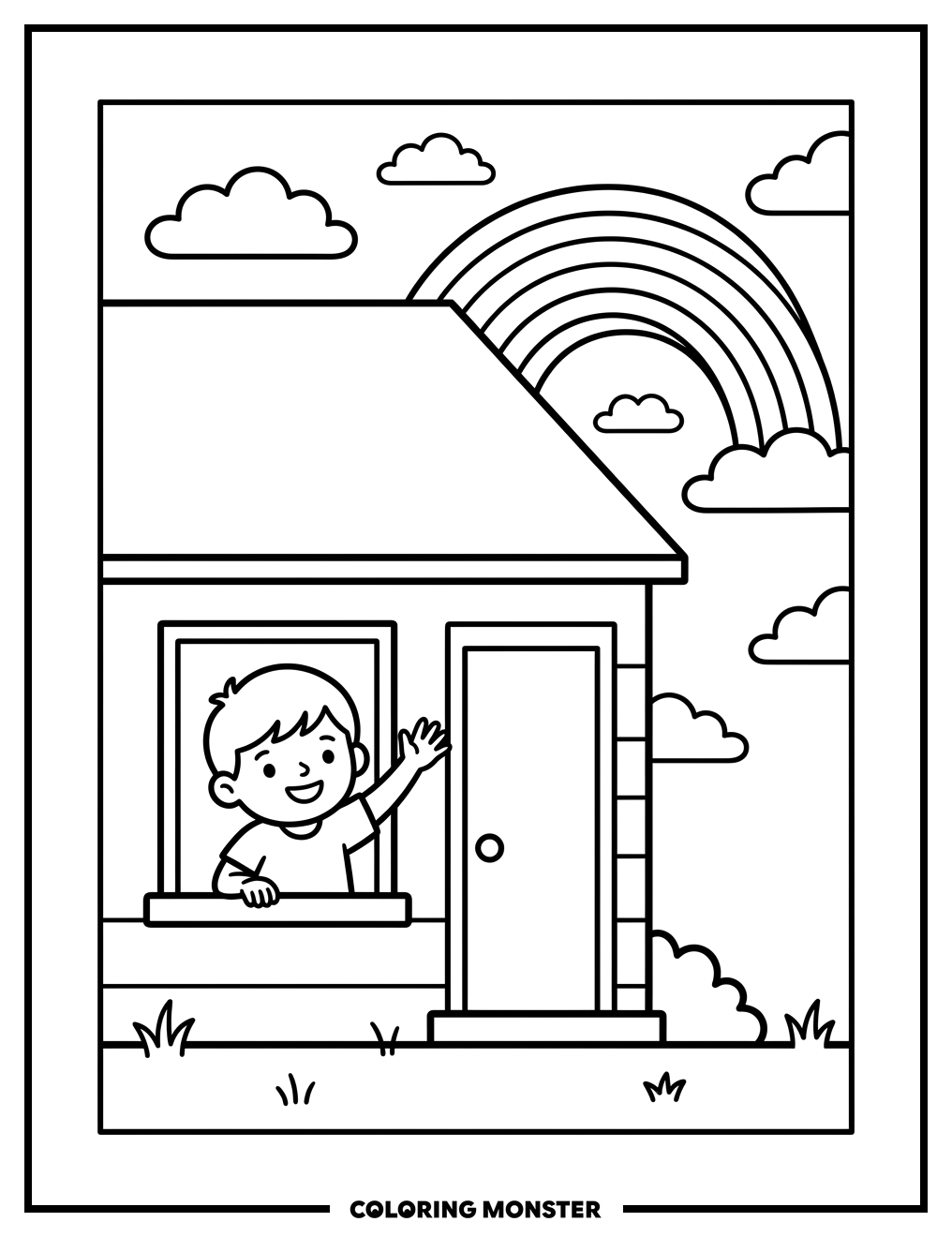 Child Waving at Rainbow Coloring Page