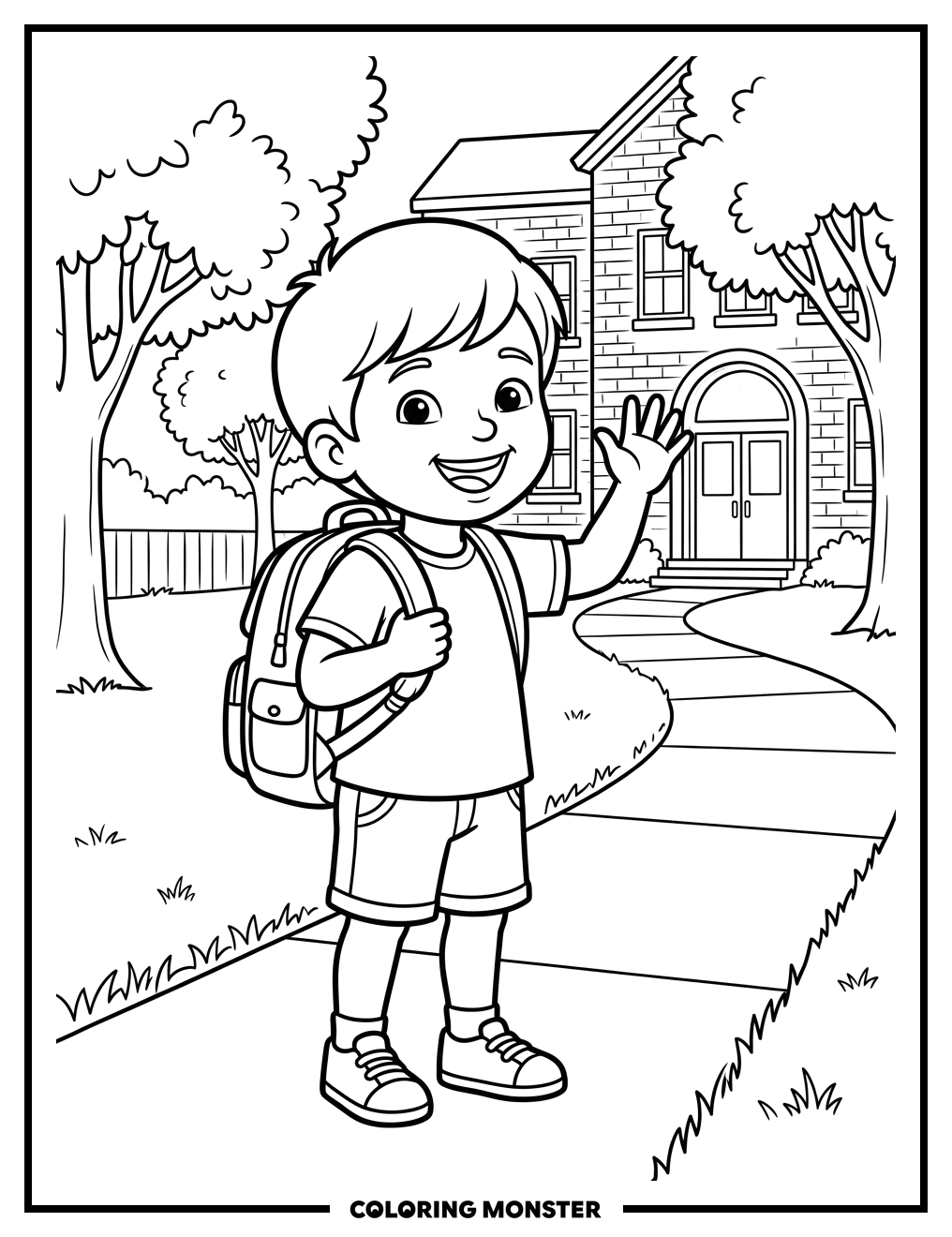 Child Waving Goodbye Near School Coloring Page