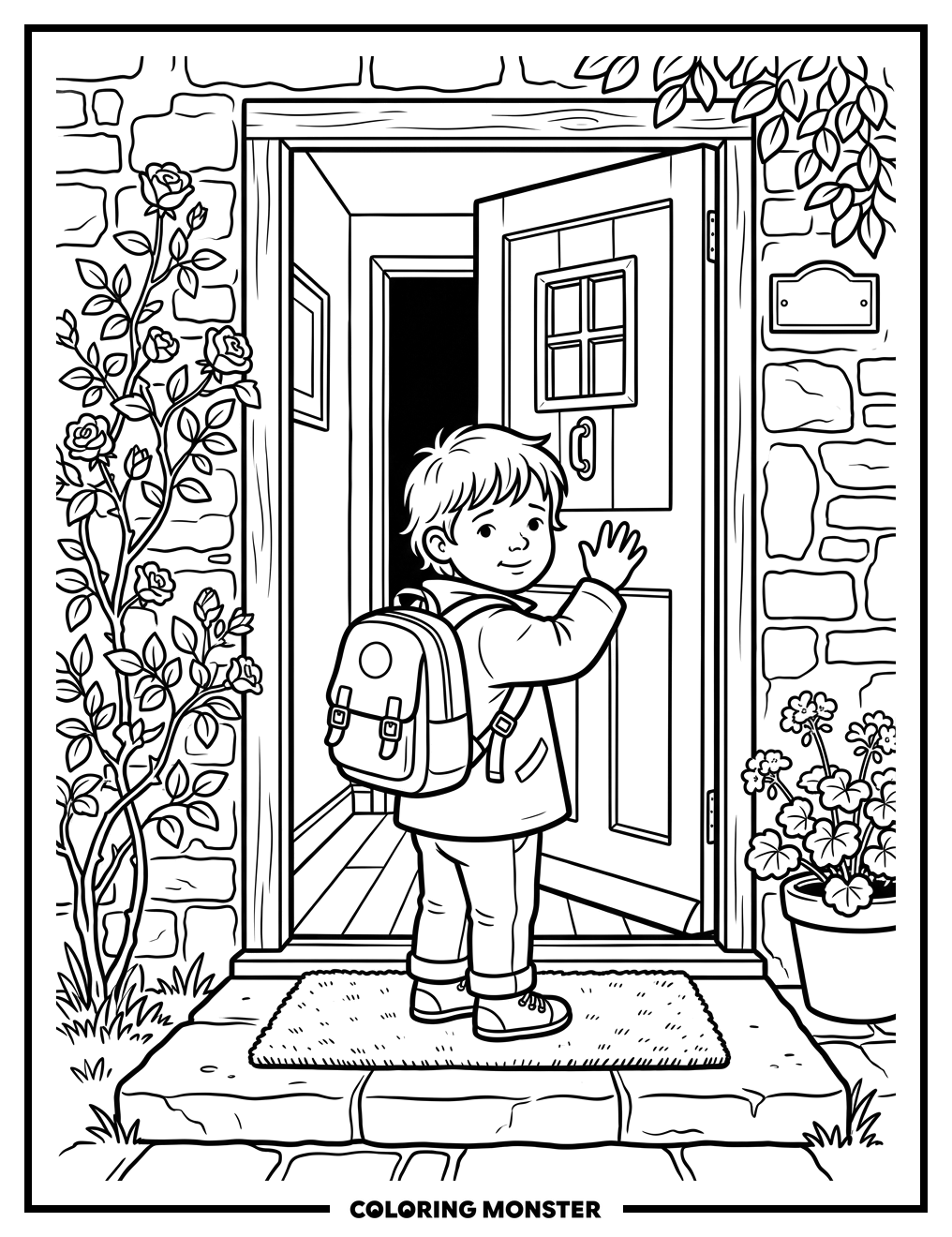 Child Waving Goodbye on Doorstep Coloring Page