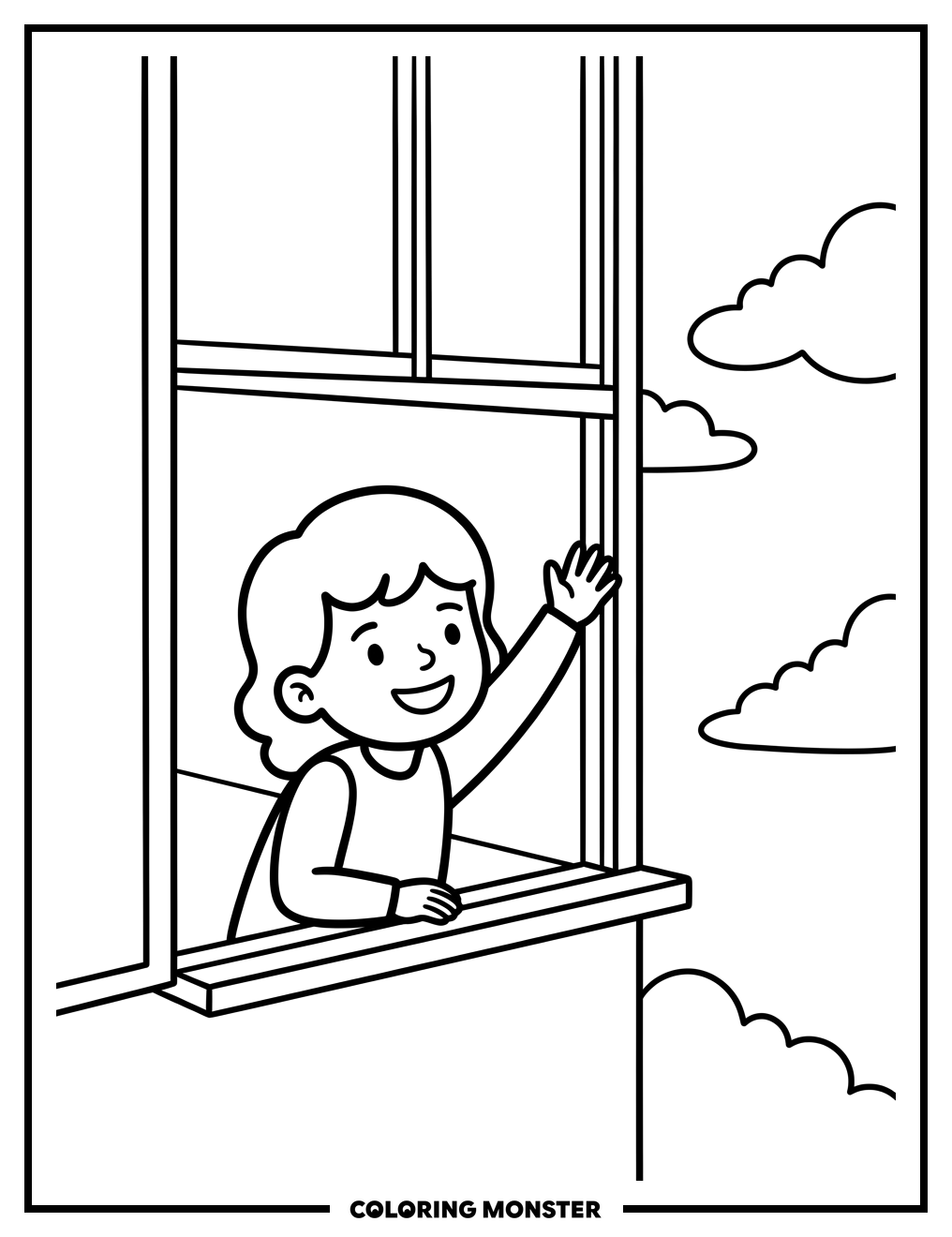 Child Waving Goodbye Through Window Coloring Page