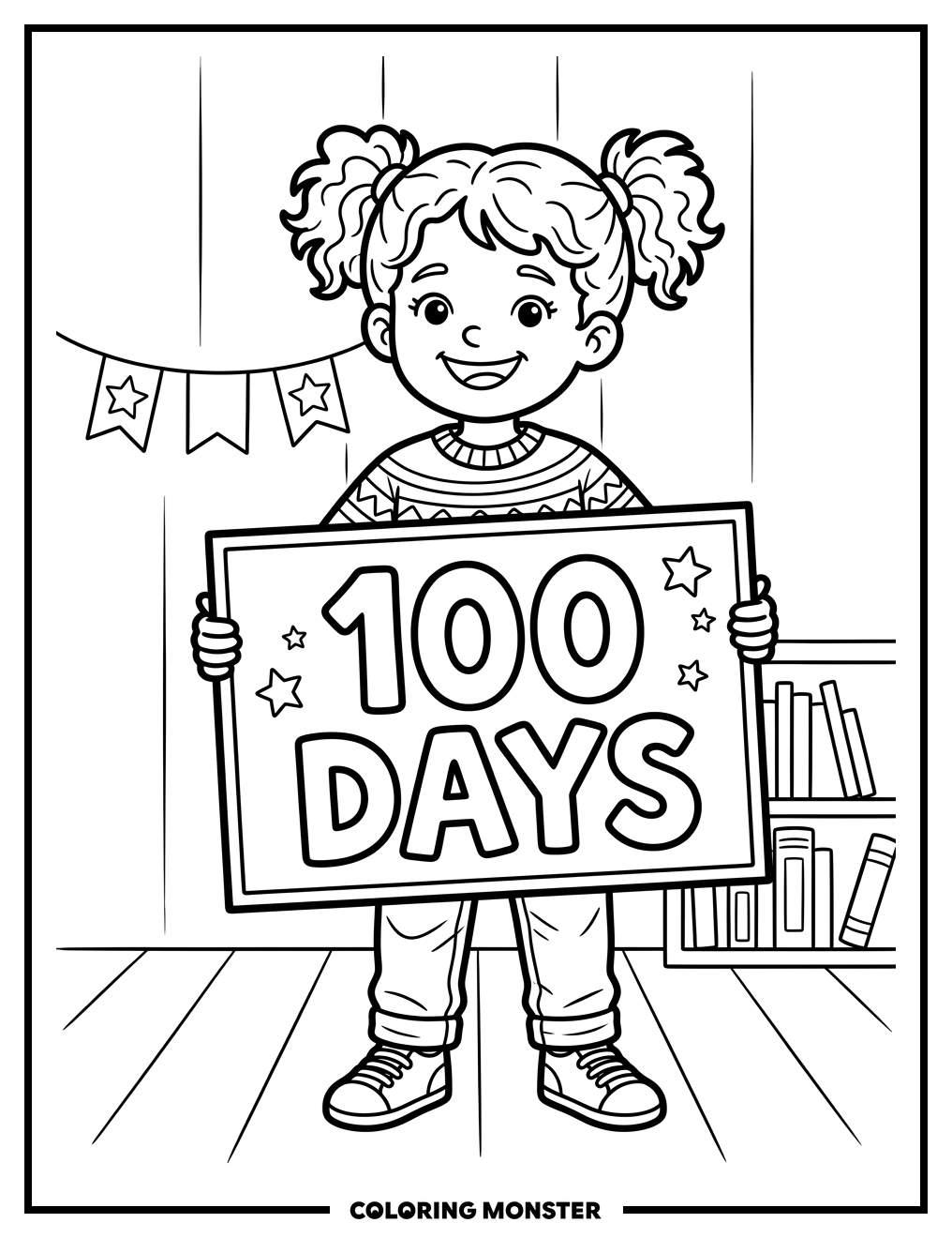 Child With 100 Days Sign Coloring Page