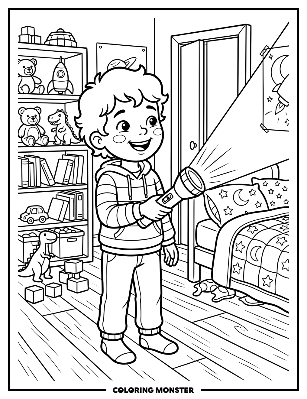 Child With A Bright Flashlight Beam Coloring Page