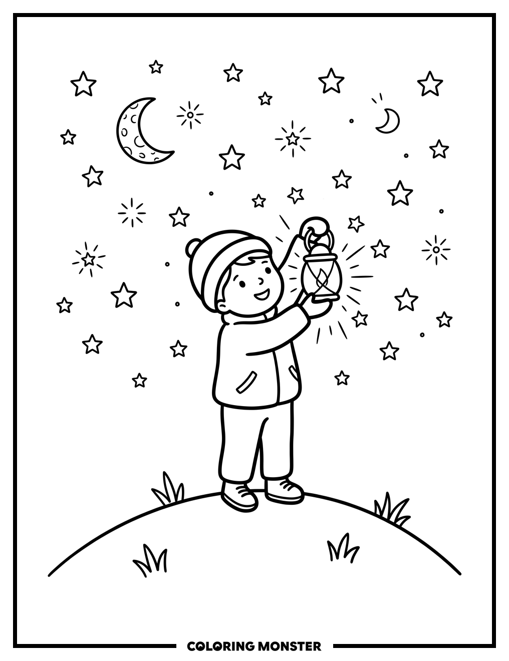 Child With A Glowing Lantern Coloring Page