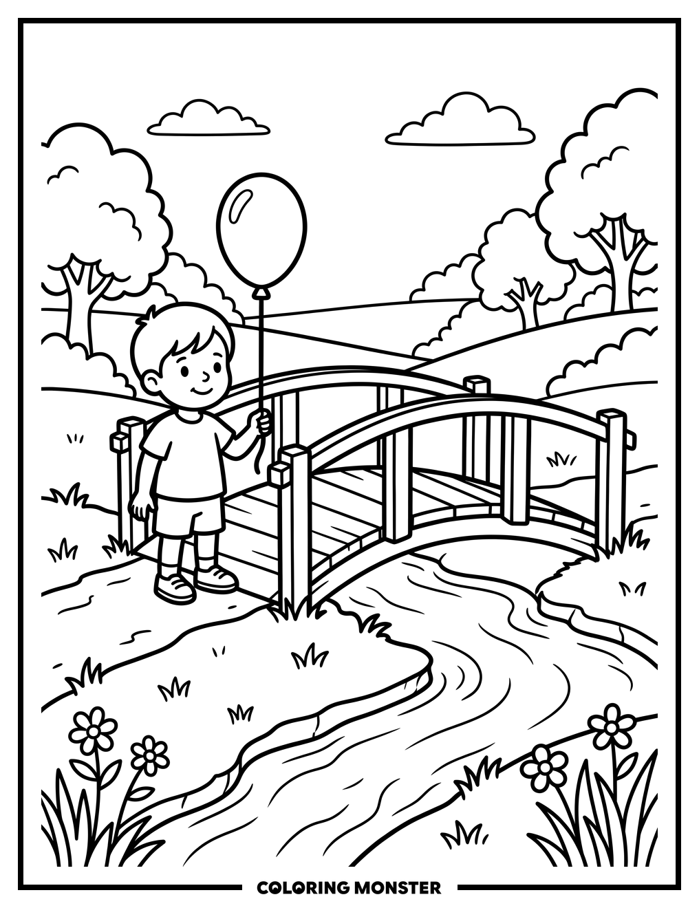 Child With Balloon on Bridge Coloring Page
