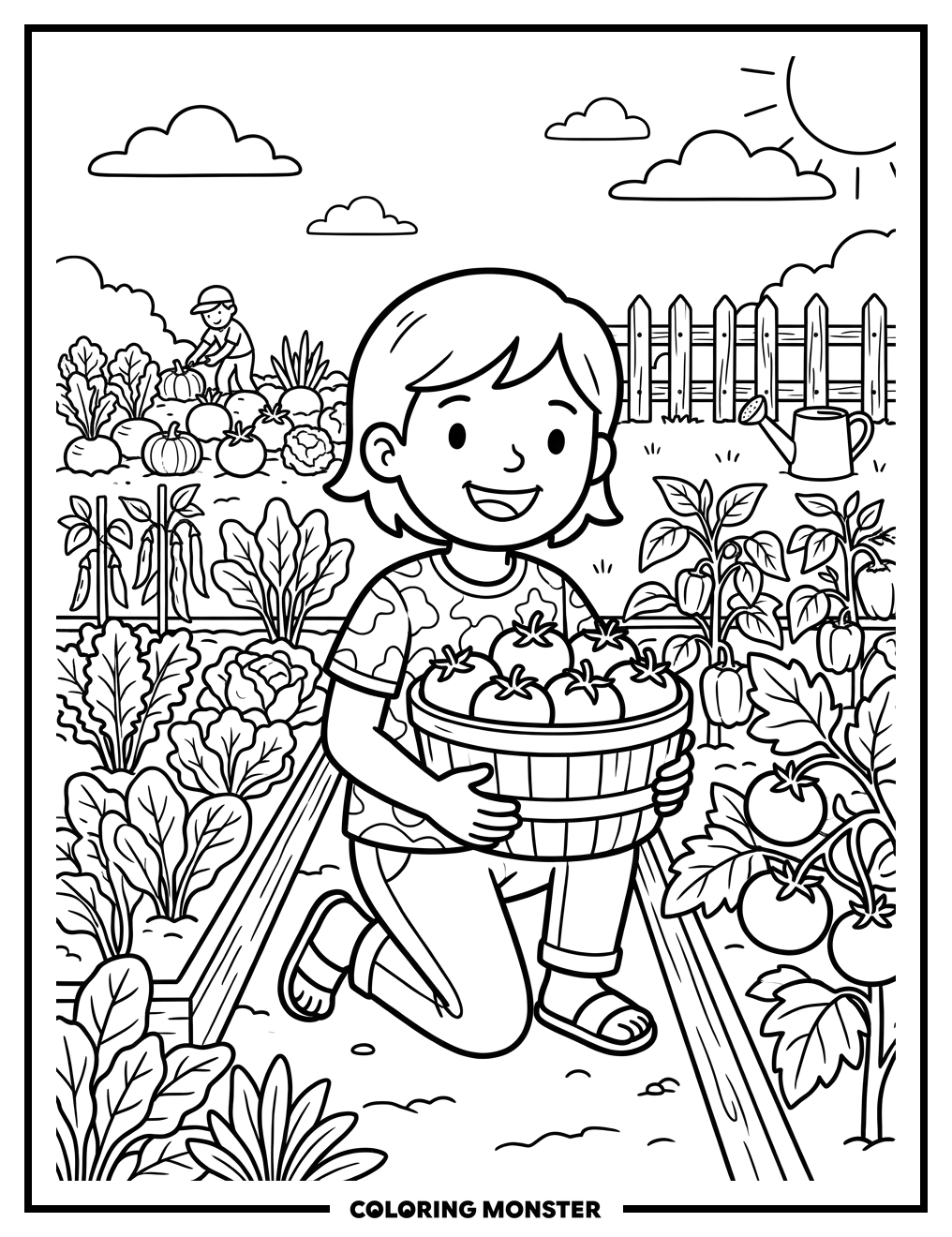 Child With Basket of Tomatoes Coloring Page