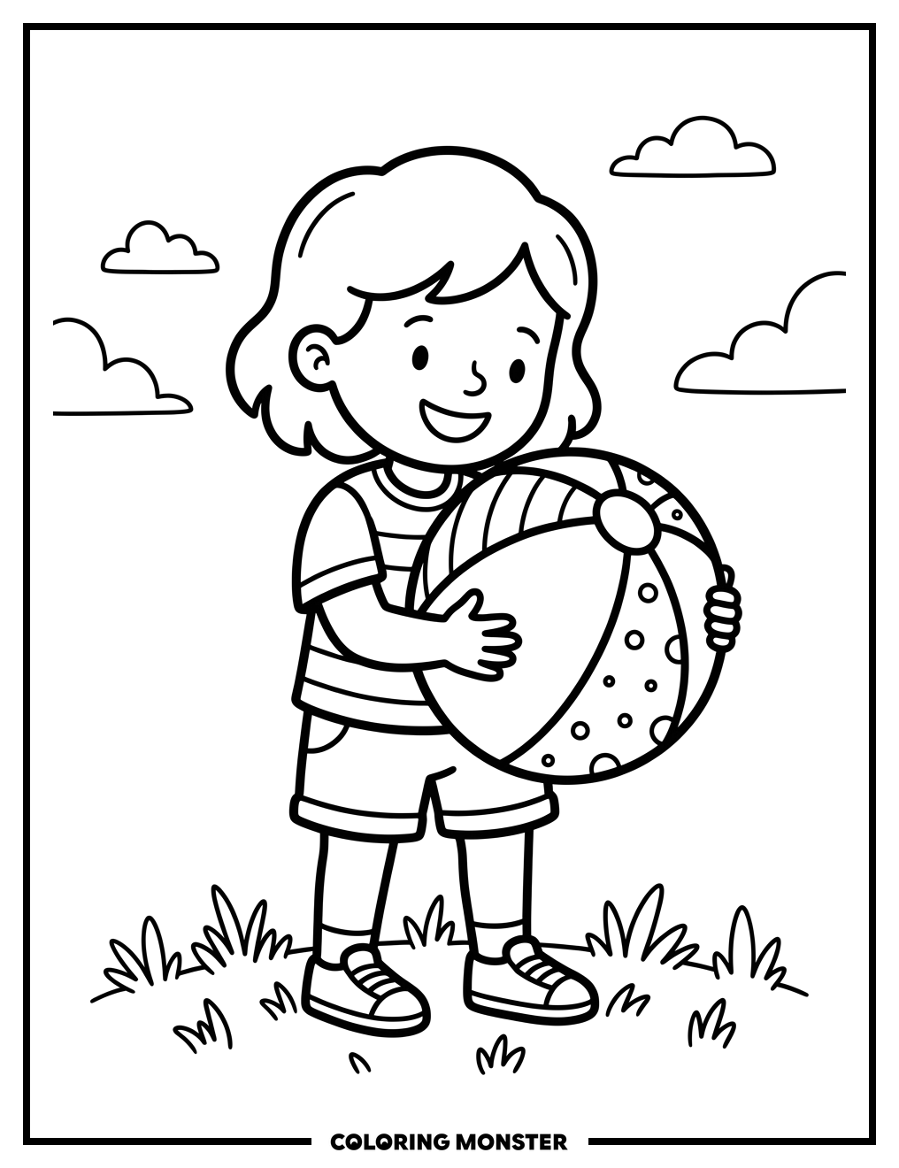 Child With Beach Ball In Grass Coloring Page