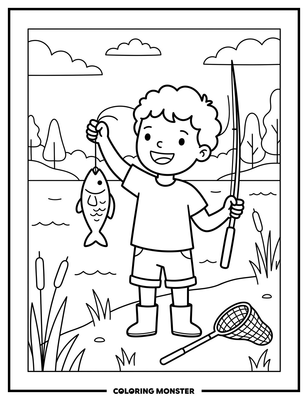 Child With Caught Fish Coloring Page