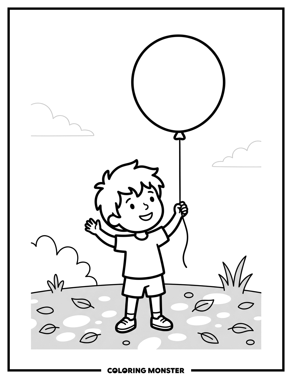 Child With Floating Balloon Coloring Page