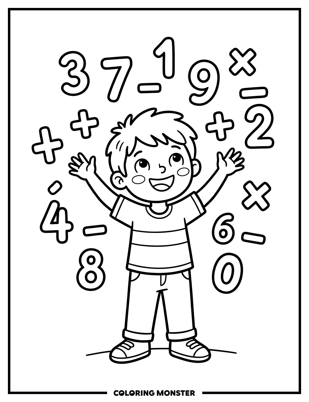 Child With Floating Math Symbols Coloring Page