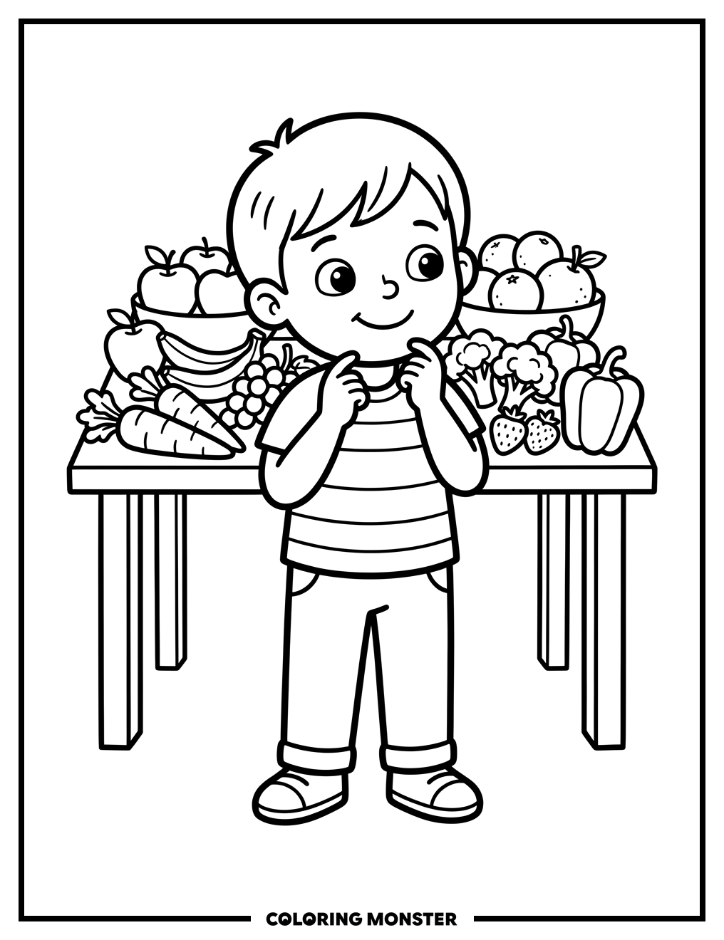 Child With Healthy Foods Coloring Page