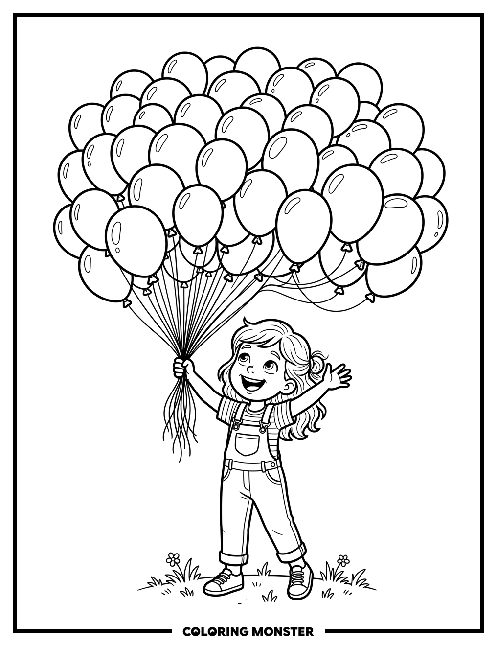 Child With Many Balloons Coloring Page
