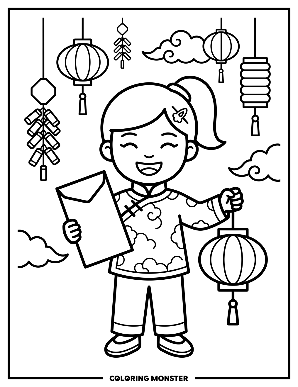 Child With Red Envelope and Lantern Coloring Page