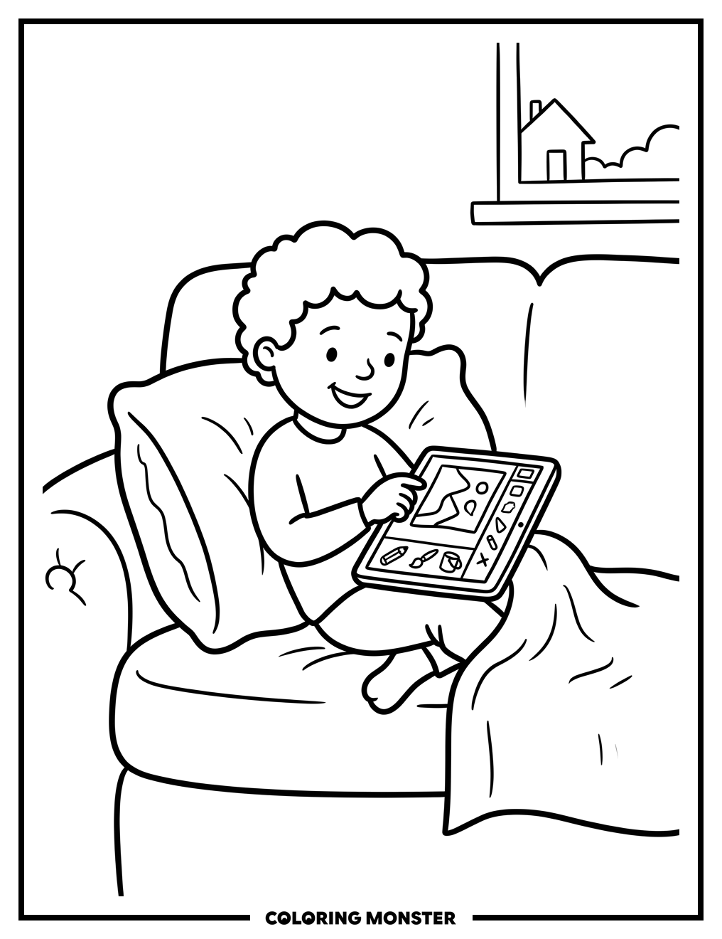 Child With Tablet On Couch Coloring Page